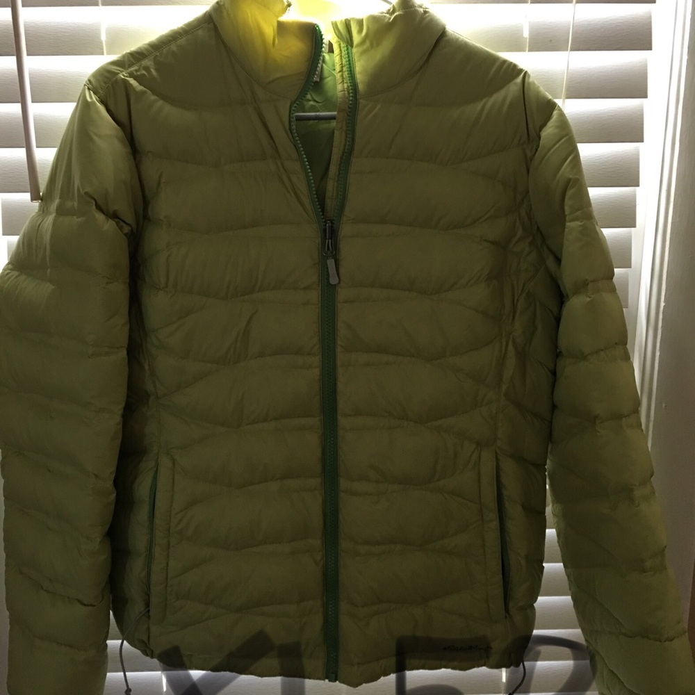 Eddie Bauer puff coat, olive colored, down feather